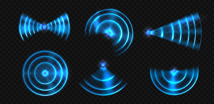 Wifi neon wave light effect. Blue glowing Sonic waves, signal sensor waves internet wireless connection. Blue ring glow
