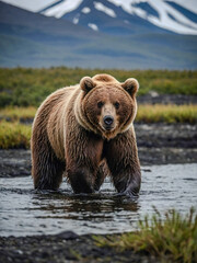 Fototapeta premium Brown bears roaming Kamchatka landscapes.