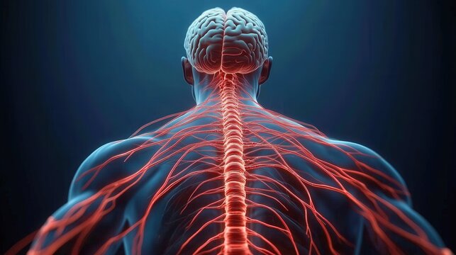 A detailed visual of the human spine featuring the brain at the top, showcasing the critical role of the spinal cord in the nervous system and overall human health.