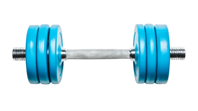 Fitness dumbbell with blue weight plates for workout, cut out transparent