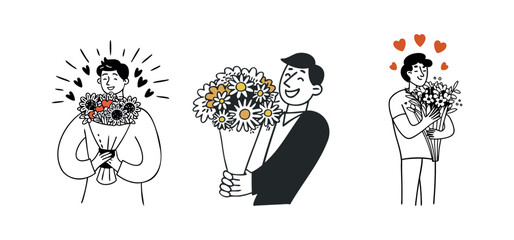 Illustration of Happy Men Holding Flower Bouquets
