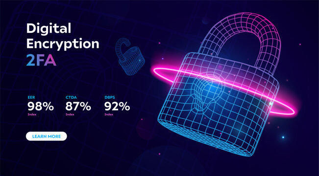 Futuristic digital padlock representing cybersecurity, encryption, and data protection. Wireframe lock with two factor authentication concept. Cyber defense, online security. Vector illustration.
