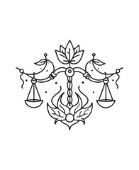 Vector Line Art of Libra Zodiac Sign with Floral Design