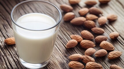 Glass of Almond Milk with Almonds on Wooden Table
