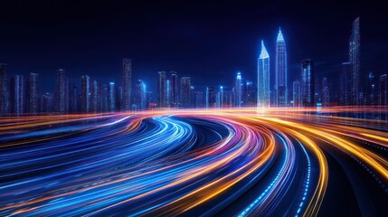 Futuristic City Nightscape: Vibrant Light Trails and Modern Architecture