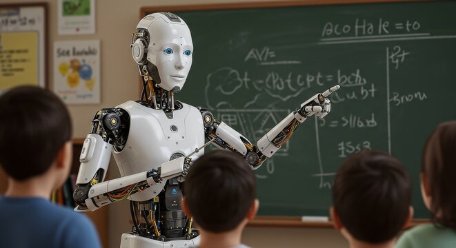 Artificial intelligence robot explaining equations on chalkboard.