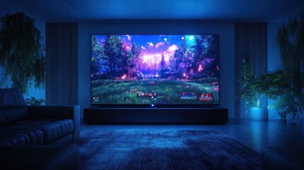 Immersive Gaming Experience: A Fantasy Landscape Displayed on a Massive Screen in a Modern Living Room