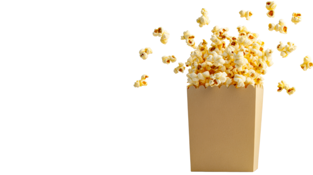 Overfilled popcorn box with scattering kernels on black, cut out transparent