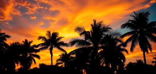 Naklejka premium Silhouetted palm trees against a vibrant summer sunset sky, relaxation, pink, exotic