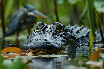 Obraz premium Everglades National Park Protecting Americas Largest Wetlands Floridas Everglades remain vital sanctuary alligator panther wading bird Depict American alligator half submerged still misty swamp water