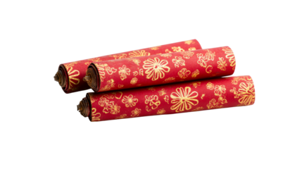 Rolled red scrolls with gold patterns, cut out transparent