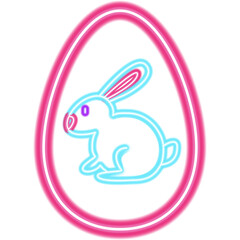Happy Easter Egg Bunny Neon Sign. Vector Illustration of Glowing Led Lamp Object. Seasonal Spring Greetings. Religious Traditional Christian Holiday.