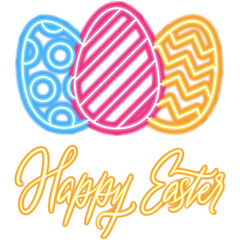 Happy Easter Eggs Neon Label. Vector Illustration of Glowing Led Lamp Object. Seasonal Spring Greetings. Religious Traditional Christian Holiday.