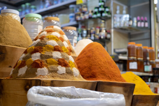 Colourful edible goods for sale in the souk bazaar in Meknes, Morocco. Photographed in the kissaria, covered market, on Medina Square.