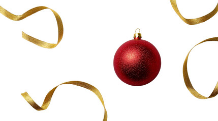 Sparkling red bauble with golden ribbons against dark backdrop, cut out transparent