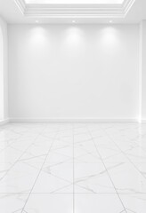Fototapeta premium Gleaming marble tiles form a geometric pattern on a pristine white floor, set against a stark white wall, geometric, real estate
