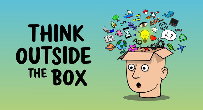 Illustration with the concept "Think outside the box" on a gradient background,  A person's head shaped like a box, symbolizing the act of breaking conventional paradigms.

