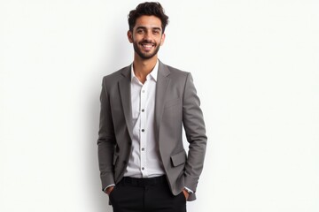 Fototapeta premium Half-Length (Waist-Up) portrait of young stylish smiling Spanish male model in vintage wear isolated on pure white background looking at camera