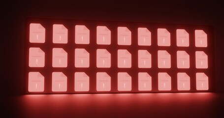Abstract 3D render of a Giant LED screen Showing Corrupted or Infected Files, Malware or Ransomware Attack, cyber security and cyber attack concept, red glow, danger and hacking concept.3D render.