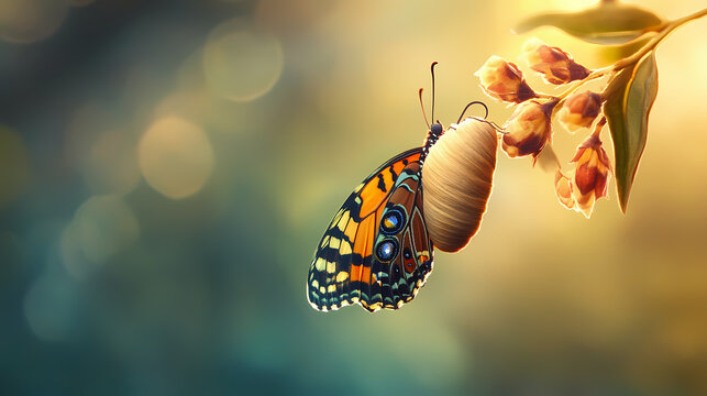 Close-up of a butterfly emerging from its cocoon, representing transformation and the optimistic embrace of change. [butterfly emerging from cocoon. Fireborn Cocoon. Illustration