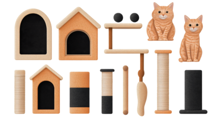 Pet playground assortment, orange cat playhouse, isolated, cut out transparent