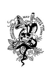 serpent vipere tete de mort crane old school tattoo citation dague couteau poignard courage tomorrow never come rose fleur