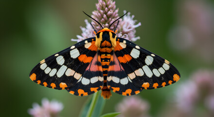 Obraz premium Striking nine spotted moth displays vibrant coloration atop a delicate flower bloom