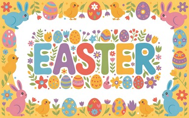 Obraz premium Easter Celebration with Colorful Easter Eggs Blooming Spring Flowers and a Cheerful Bunny in a Festive Cartoon Illustration Symbolizing Easter Holiday Traditions and the Joyful Spirit of Springtime