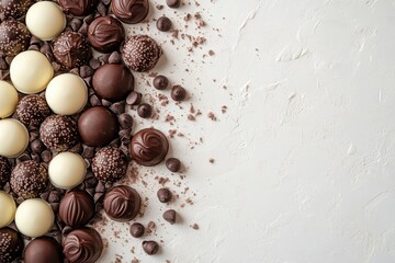 Assorted chocolates frame the left edge of a textured white background. Ideal for advertising sweets, desserts, or Valentine's Day treats.