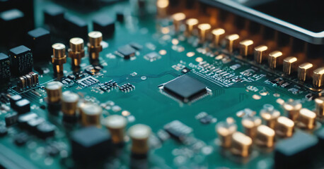 Close-up view of a green printed circuit board (PCB) with various electronic components, such as chip and multiple capacitors, resistors, and pins.