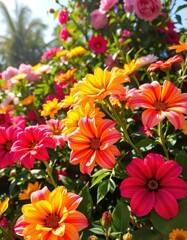 Obraz premium Vibrant summer blooms in a lush garden, sunlight dappled on petals, photography, sunflowers, meadow