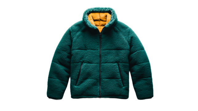Warm teal puffer jacket with yellow lining, isolated cut out transparent