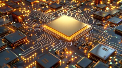 HighTech Circuit Board with Illuminated Components and Central Processor Unit for Electronics