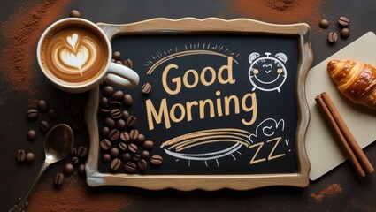 Morning Bliss: A Cozy Coffee Flat-Lay with Steaming Cup, Beans & Chalkboard Charm