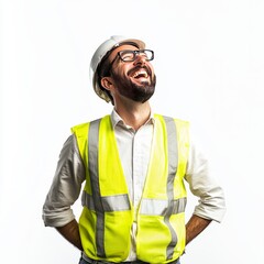 full-body shot of a laughing architect in formal attire

