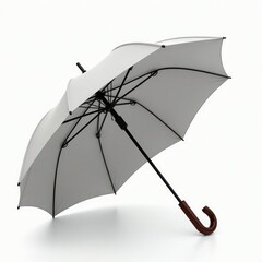 Elegant white umbrella with a curved wooden handle, perfect for rainy days.