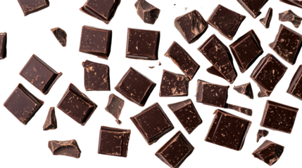 Dark chocolate pieces floating on black background, cut out transparent