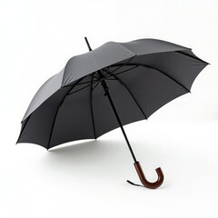 Sleek black umbrella showcasing a classic wooden handle, perfect for rain protection and stylish outdoor use.