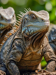 Fototapeta premium Brown iguanas in the wild, close-up of a lizard colony.