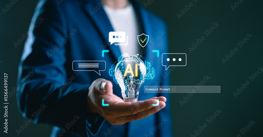 Poster Ai technology, Artificial Intelligence. Businessman show technology smart robot AI, artificial intelligence deep learning, Futuristic technology transformation. Technology smart robot AI agents.
