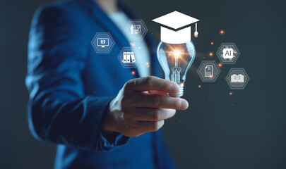 E-learning graduate certificate program concept. Man holding lightbulb showing graduation hat,...