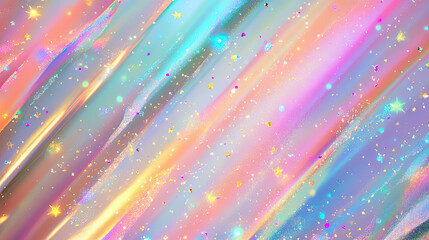 Glittering gradient background with hologram effect and magic lights. Holographic abstract fantasy backdrop with fairy sparkles, gold stars and festive blurs. High quality photo