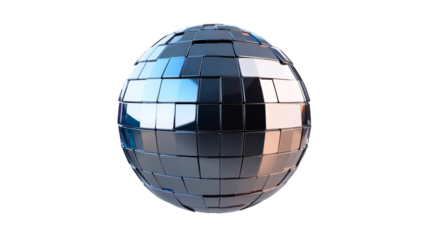 Disco ball with mosaic tiles reflects light, cut out transparent