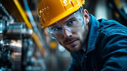 Engineer inspecting machinery hardhat safety goggles industrial setting dramatic lighting dynamic pose