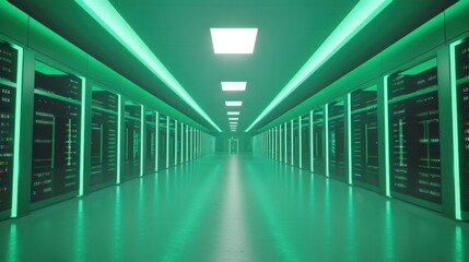 Fototapeta premium Modern Data Center with Green Lighting and Server Racks