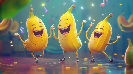 Three happy bananas dancing and having fun at a party
