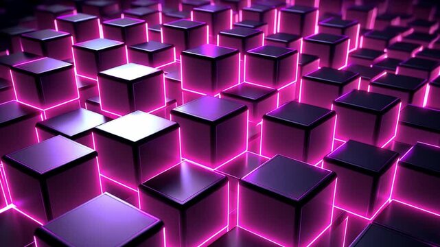 This captivating visual experience features a sea of multidimensional cubes glowing with purple neon lights, creating an engaging atmosphere that highlights technology and design