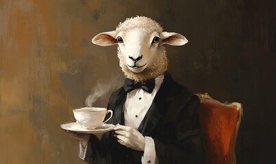 A sheep dressed formally holding a teacup on a saucer