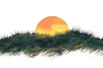 Serene grassland sunset isolated on a white background showcasing warm hues and open landscape