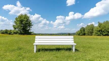 Empty white park bench in a grassy field under a partly cloudy sky